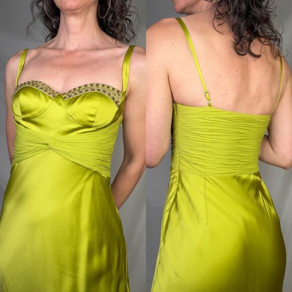 Adrianna Papell silk corset dress maxi gown long prom formal evening chartreuse - Picture 15 of 17